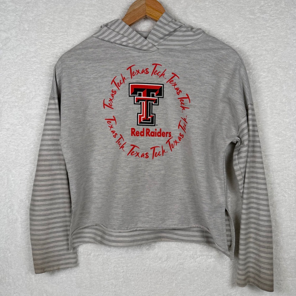 Texas Tech Red Raiders Gray Striped Sleeve Crop Hoodie Tee shirt‎ NCAA Fan Gear